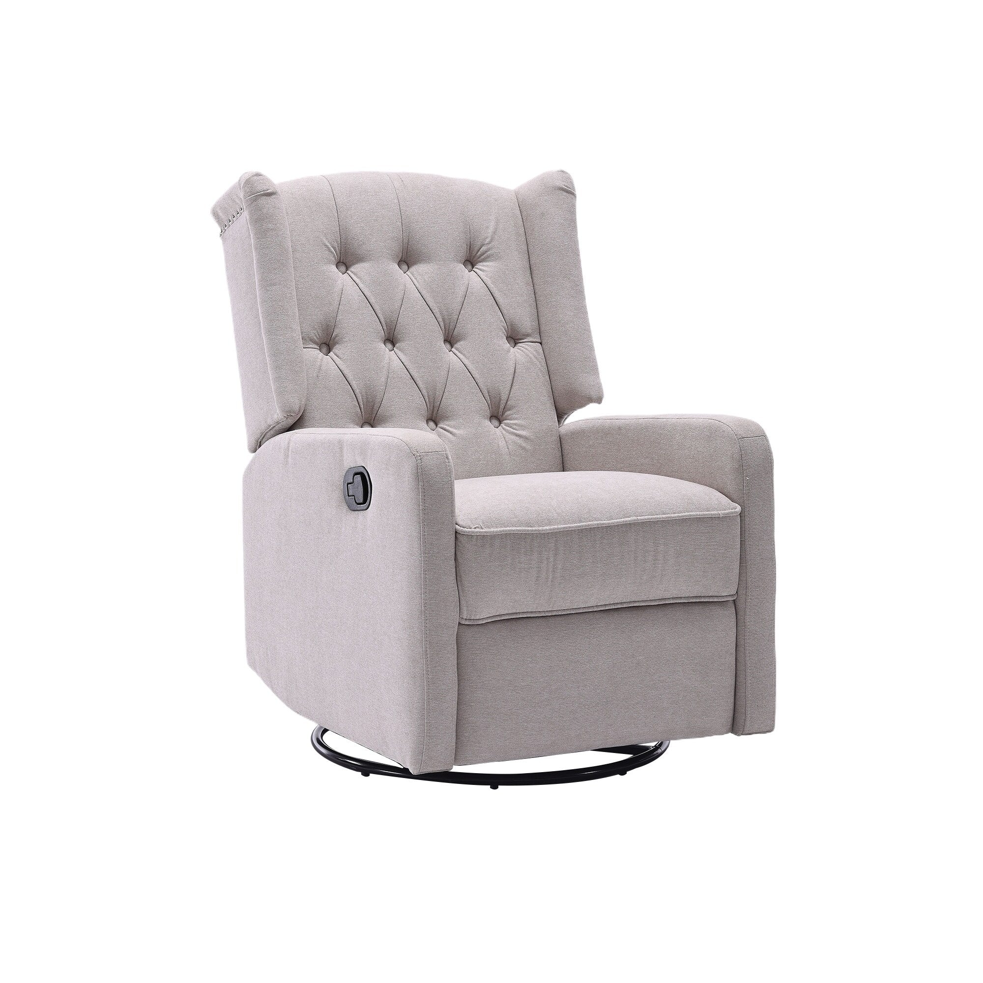 Fauteuil inclinable manuel pivotant à 360° en lin beige avec dossier capitonné et repose-pieds pour salon et chambre