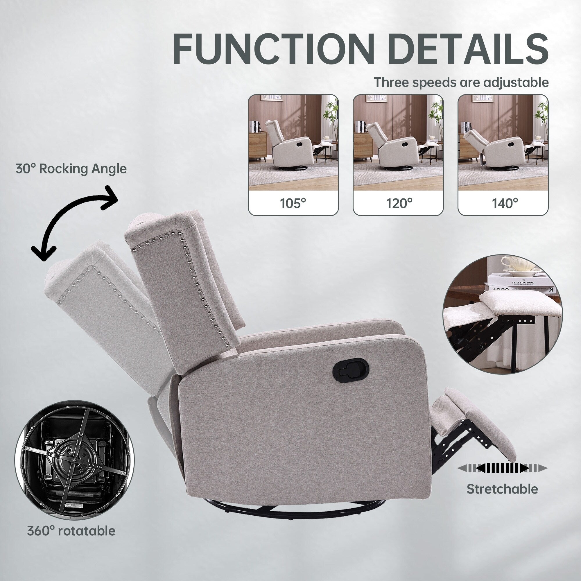 Fauteuil inclinable manuel pivotant à 360° en lin beige avec dossier capitonné et repose-pieds pour salon et chambre