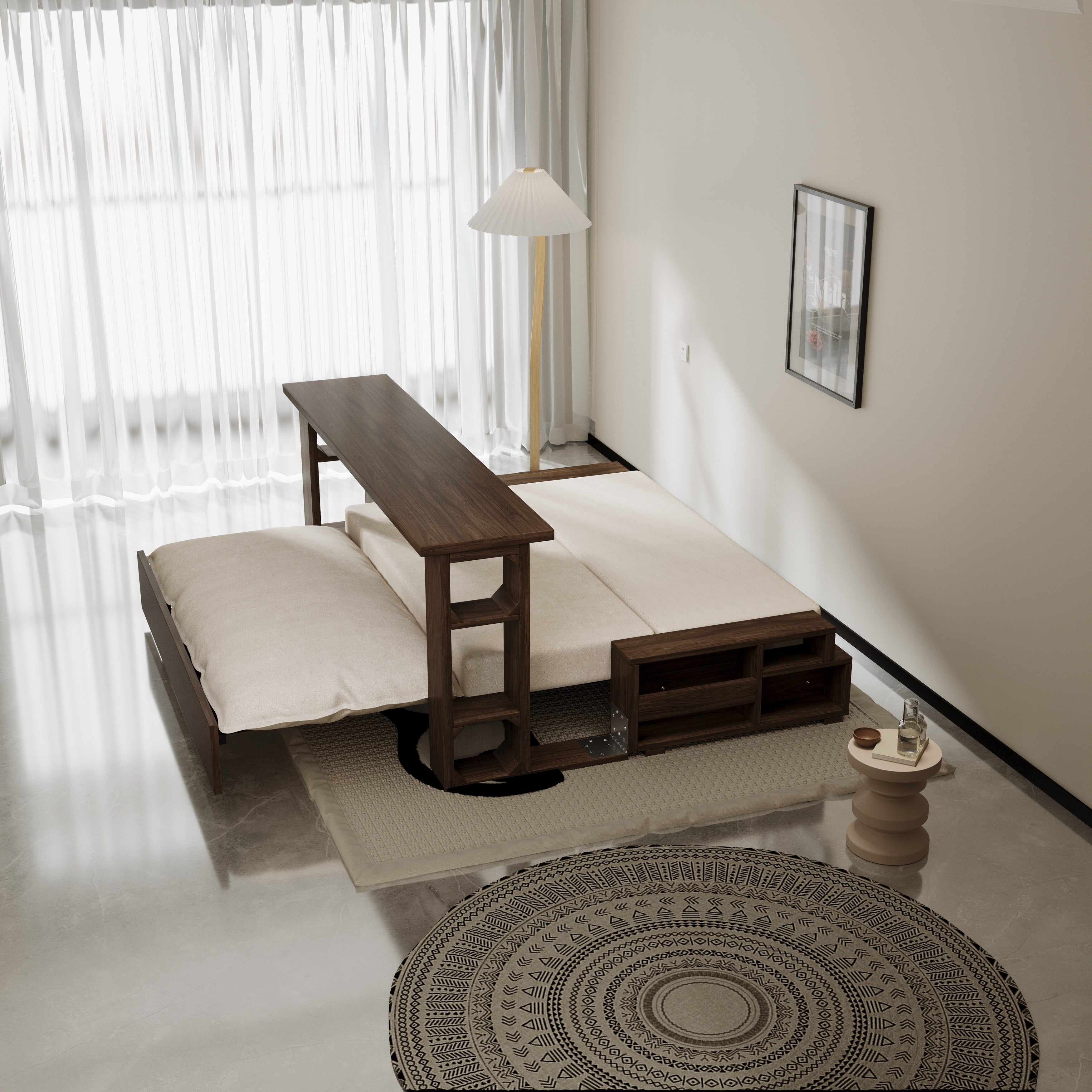 Canapé-lit convertible beige avec rangement