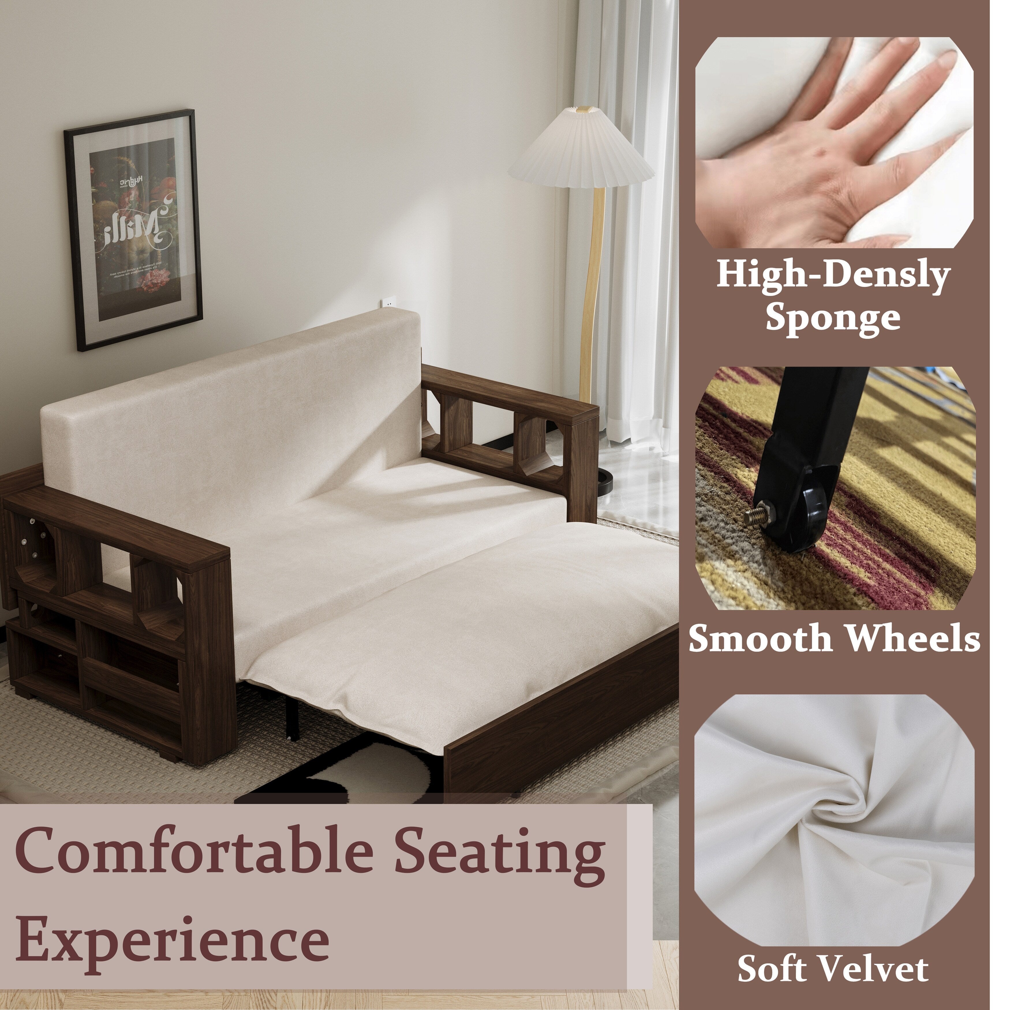 Canapé-lit convertible beige avec rangement