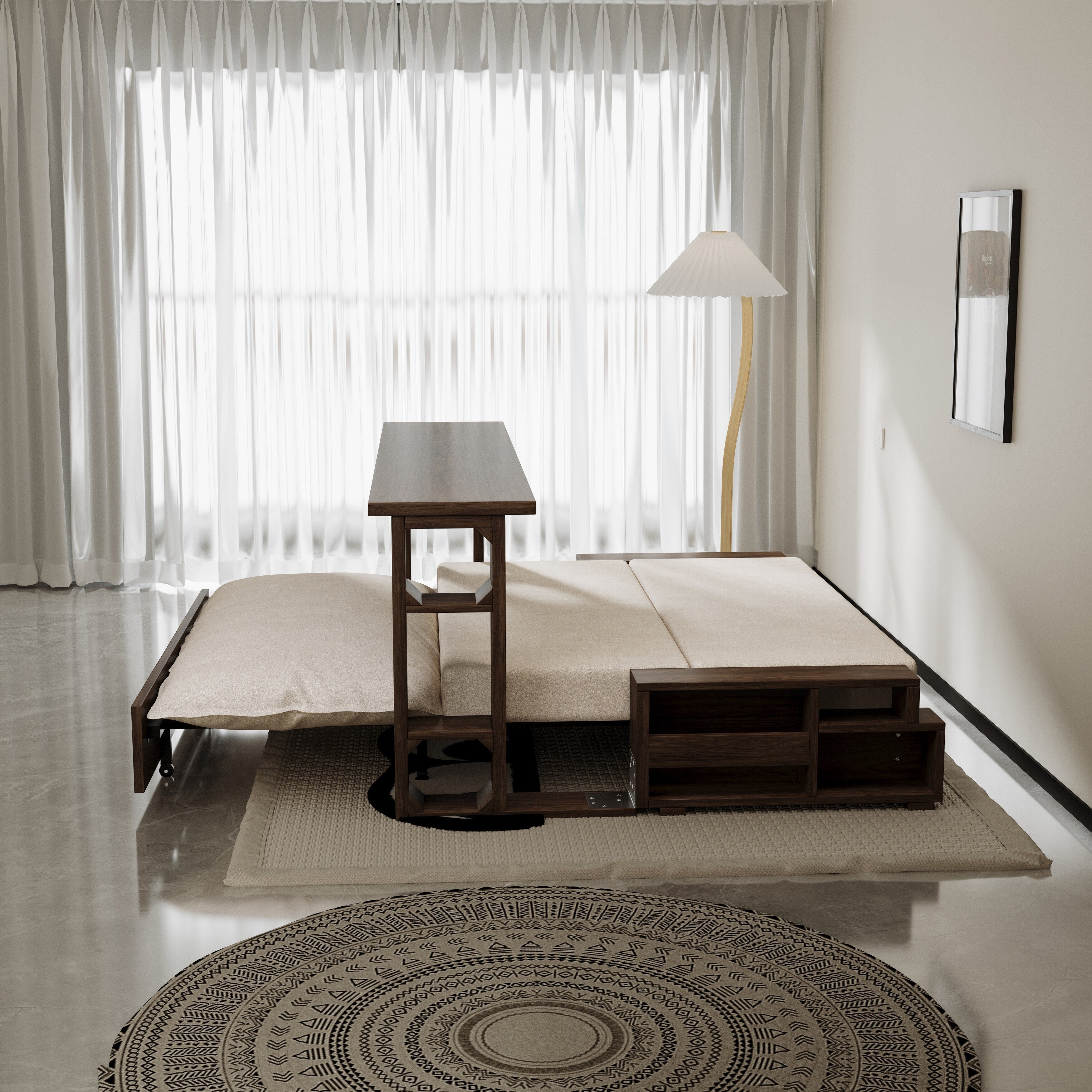 Canapé-lit convertible beige avec rangement