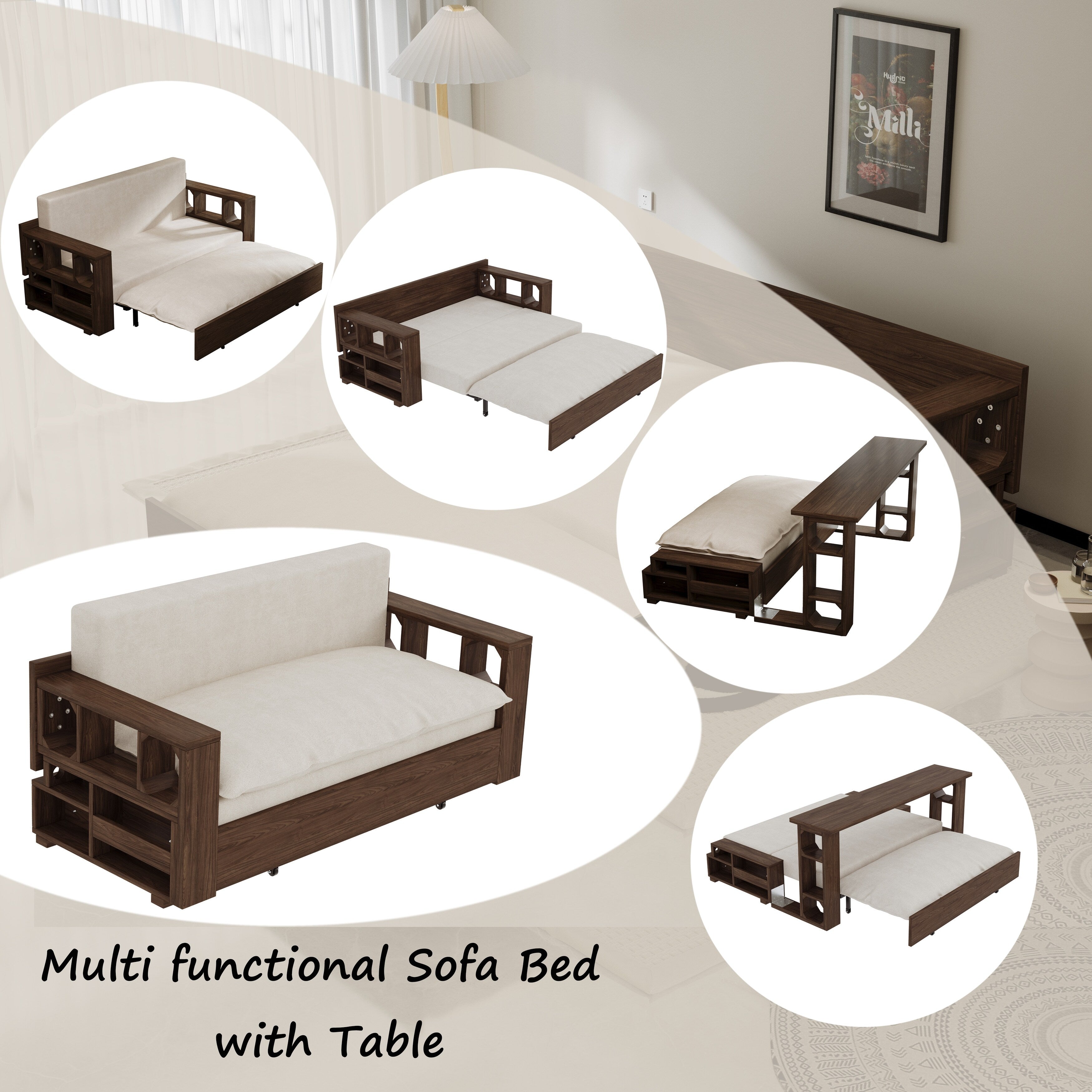 Canapé-lit convertible beige avec rangement