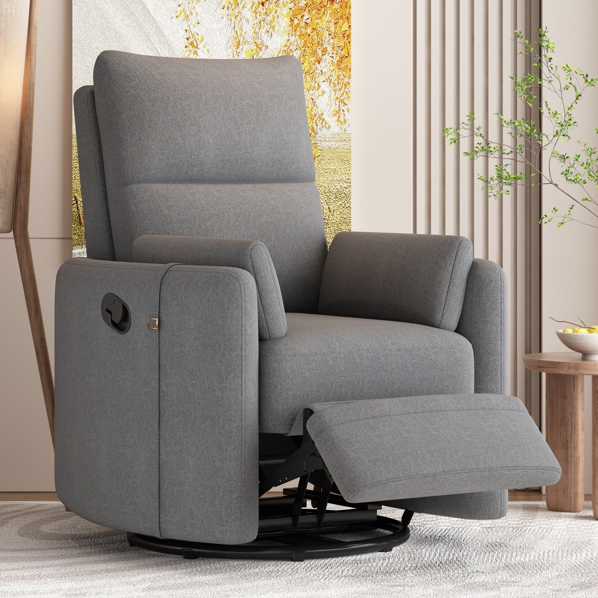 Fauteuil inclinable manuel beige à bascule avec dossier pivotant à 360° et réglable, comprend deux coussins amovibles