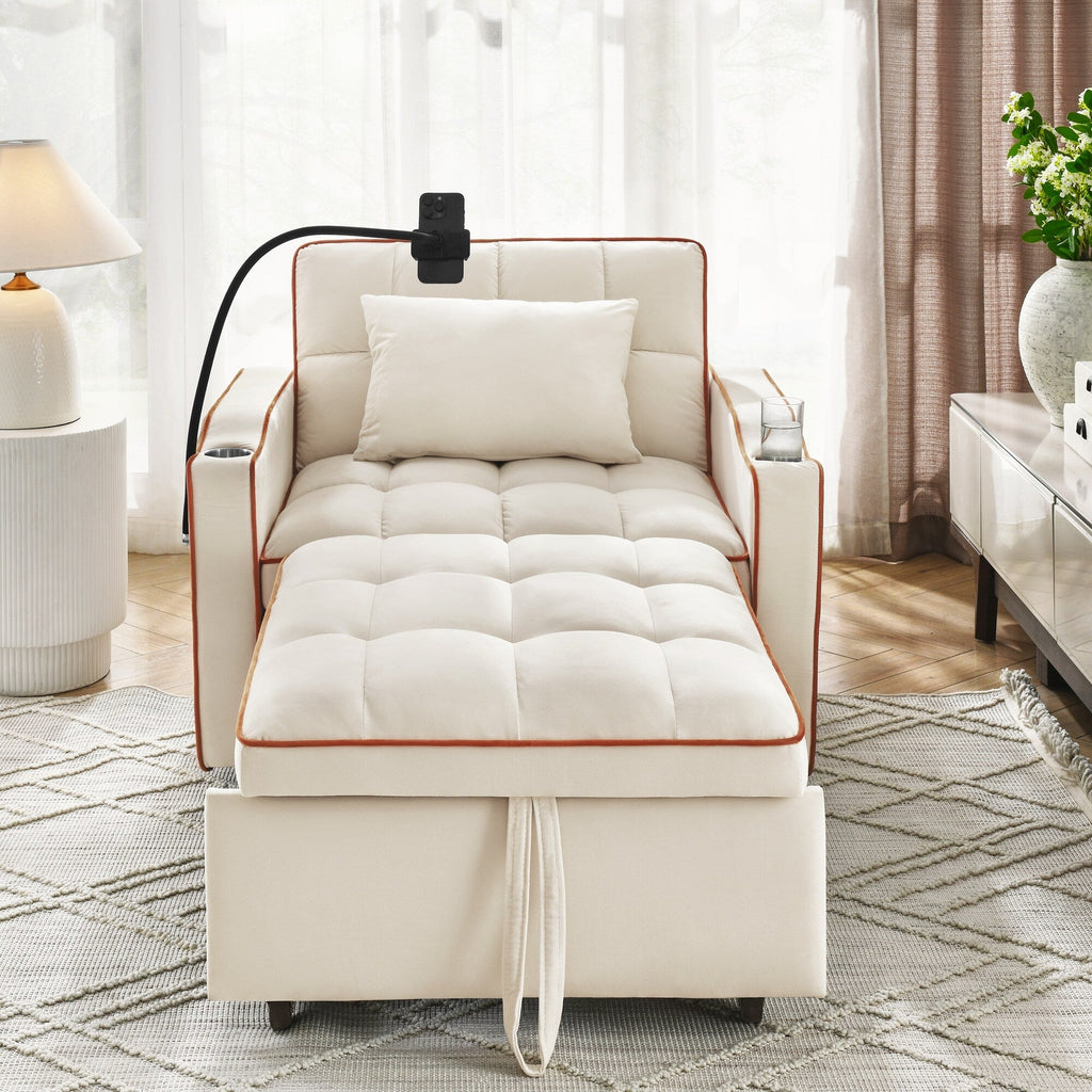 Canapé-lit convertible simple 3 en 1 en velours beige moderne 35,83 $ avec dossier réglable et port de chargement USB pour le salon