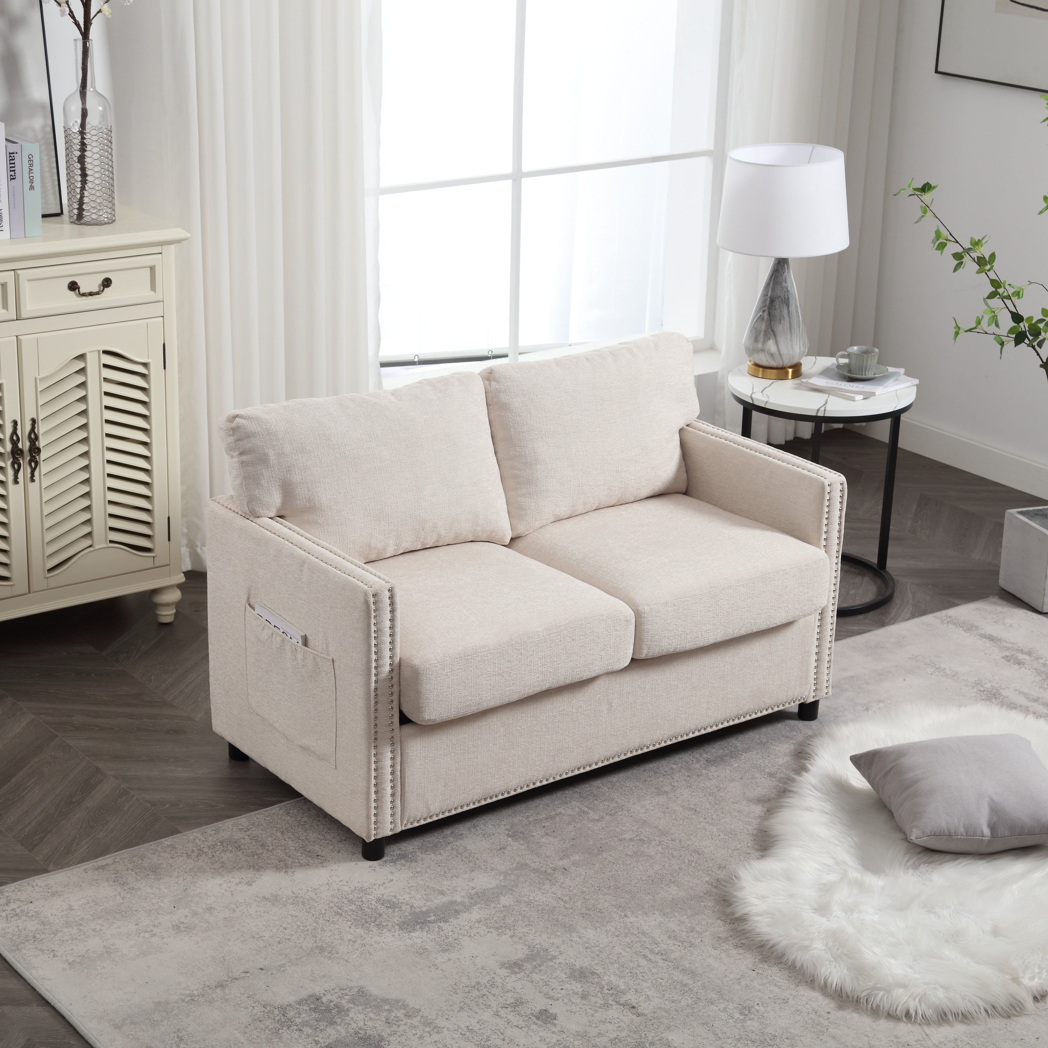 Canapé causeuse beige moderne 52,36 pouces en chenille avec poche et clous pour le salon