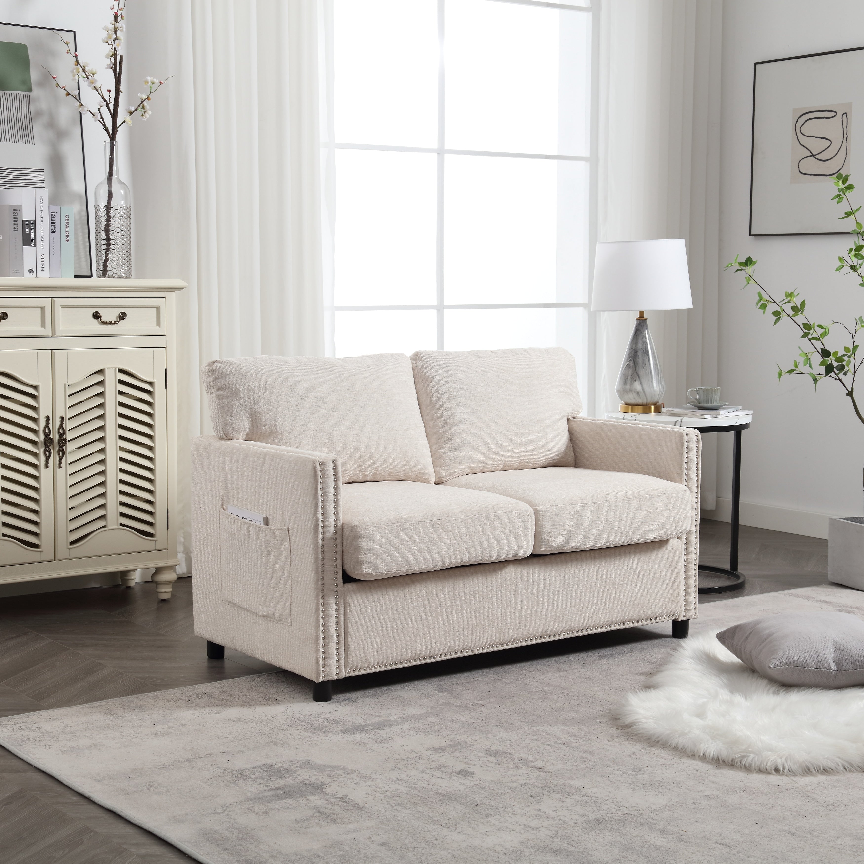 Canapé causeuse beige moderne 52,36 pouces en chenille avec poche et clous pour le salon