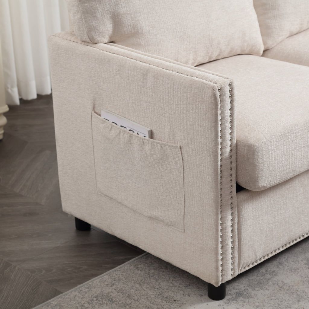 Canapé causeuse beige moderne 52,36 pouces en chenille avec poche et clous pour le salon
