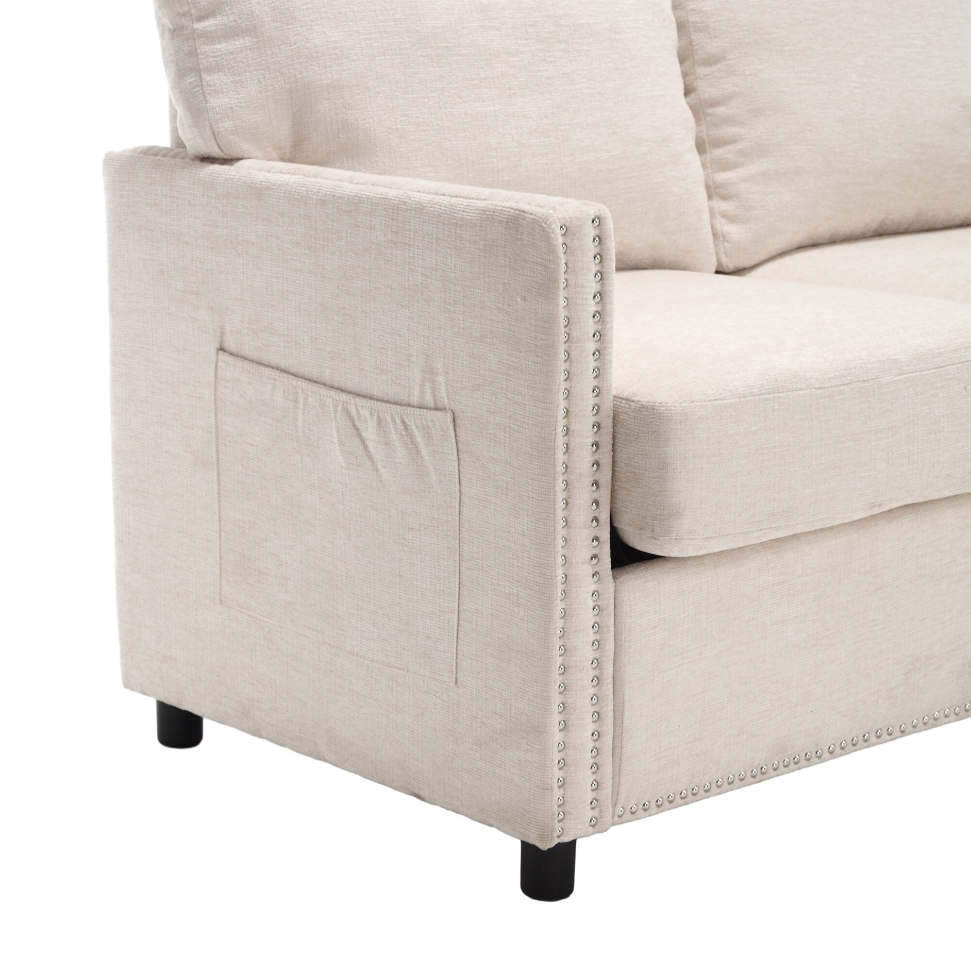 Canapé causeuse beige moderne 52,36 pouces en chenille avec poche et clous pour le salon