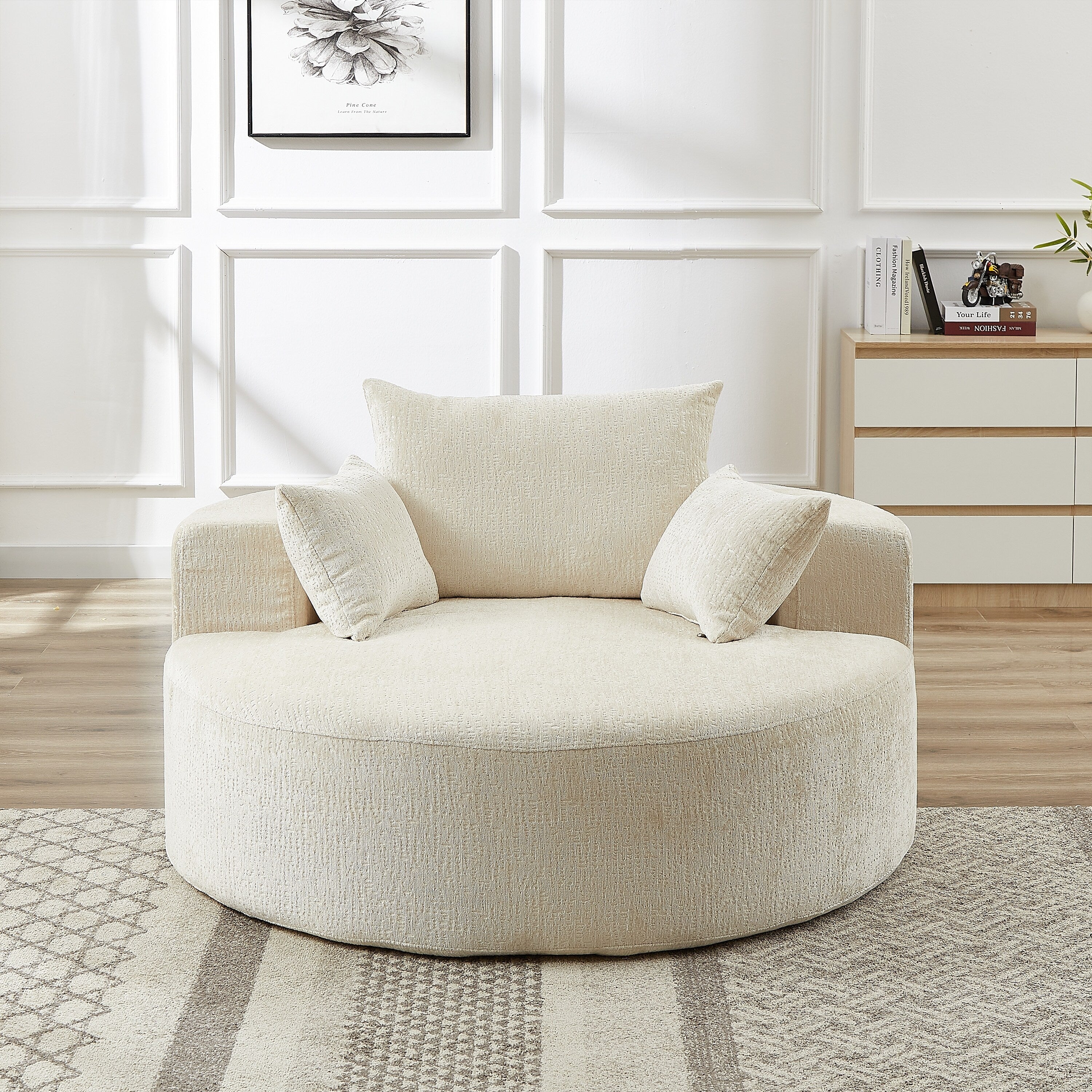 Canapé-lit simple rond beige moderne de 55 cm en chenille éponge avec coussin de dossier pour le salon