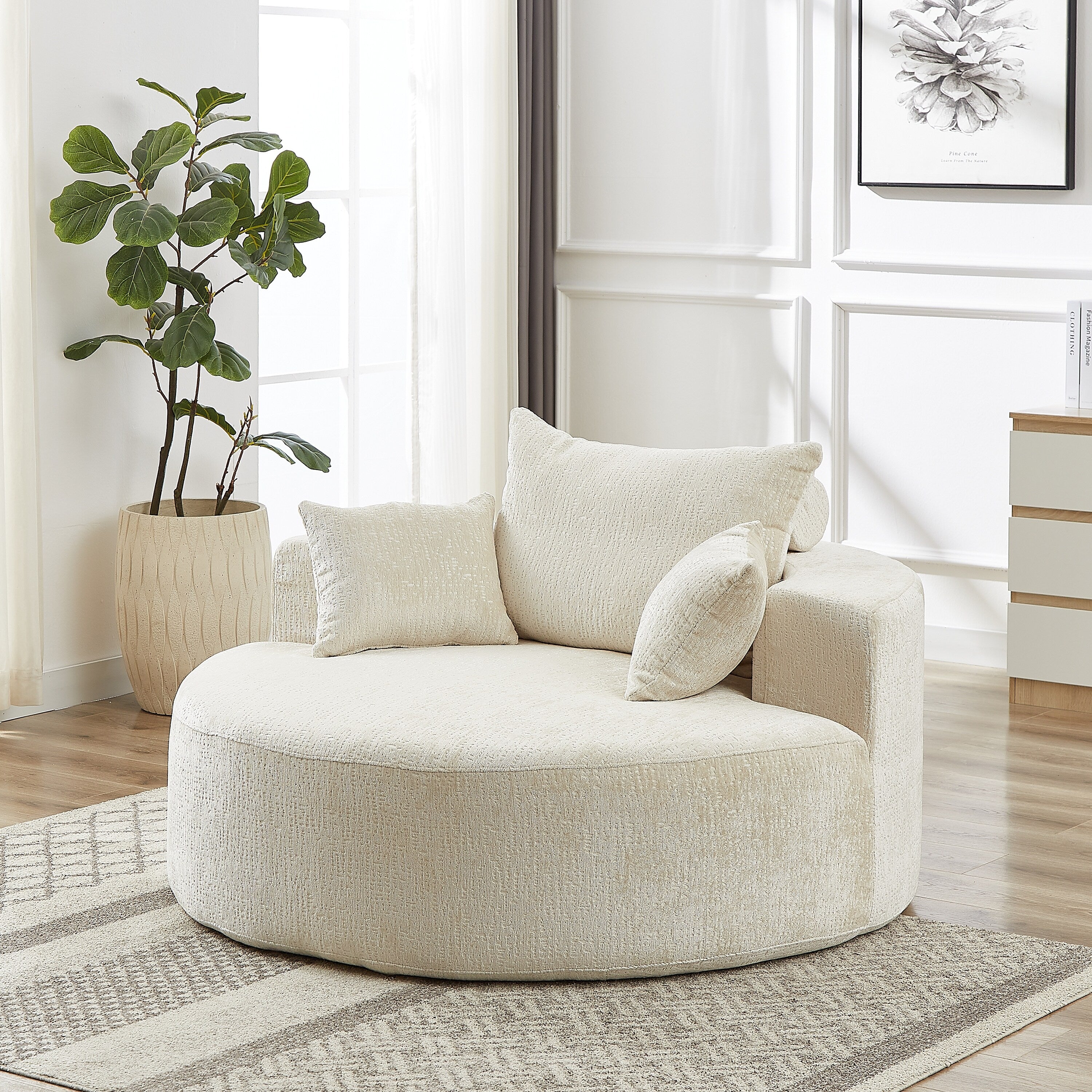 Canapé-lit simple rond beige moderne de 55 cm en chenille éponge avec coussin de dossier pour le salon