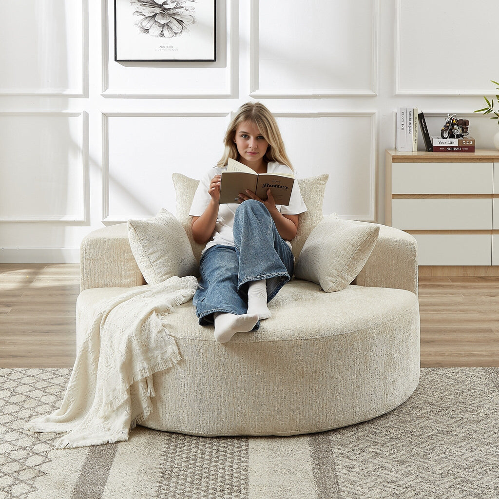 Canapé-lit simple rond beige moderne de 55 cm en chenille éponge avec coussin de dossier pour le salon