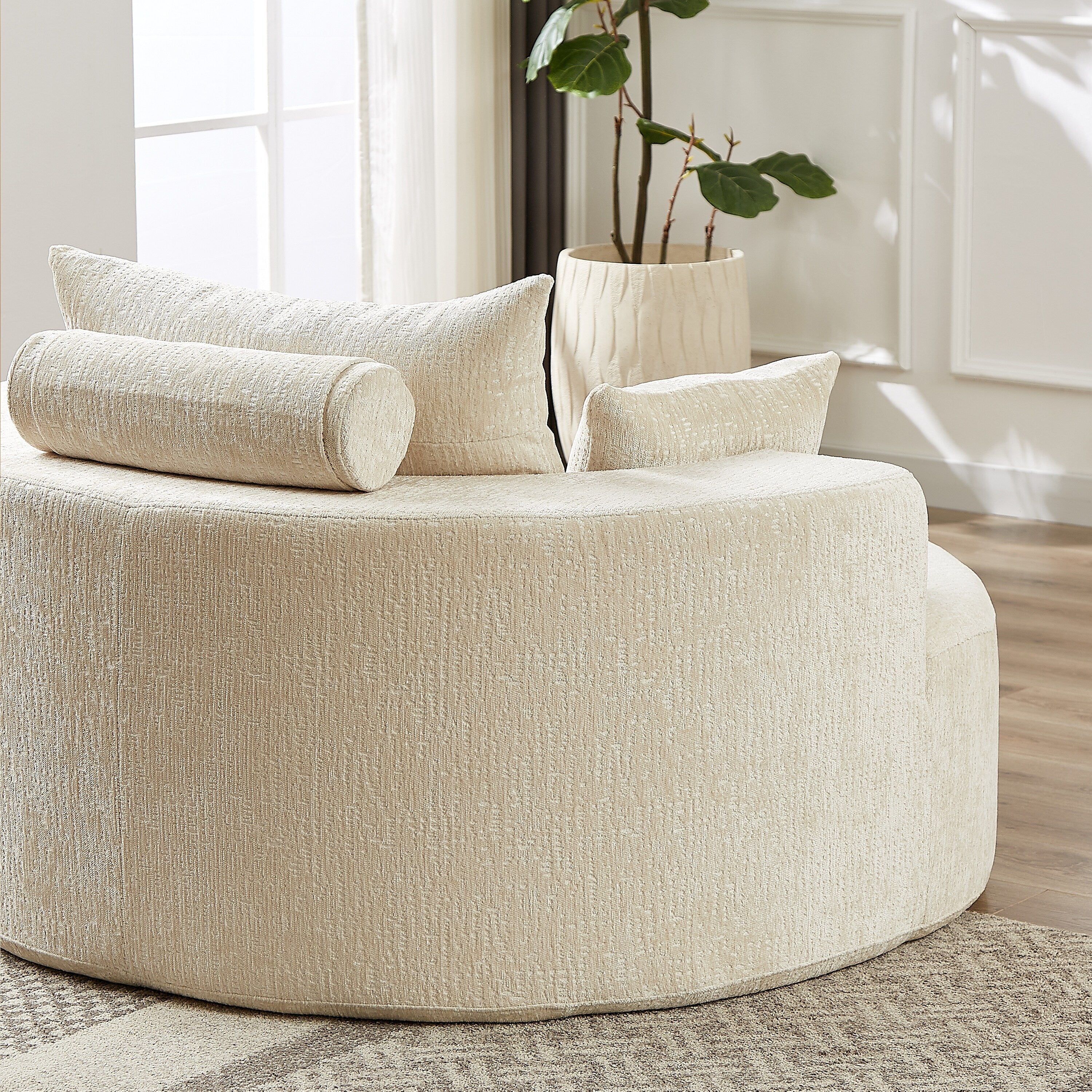 Canapé-lit simple rond beige moderne de 55 cm en chenille éponge avec coussin de dossier pour le salon