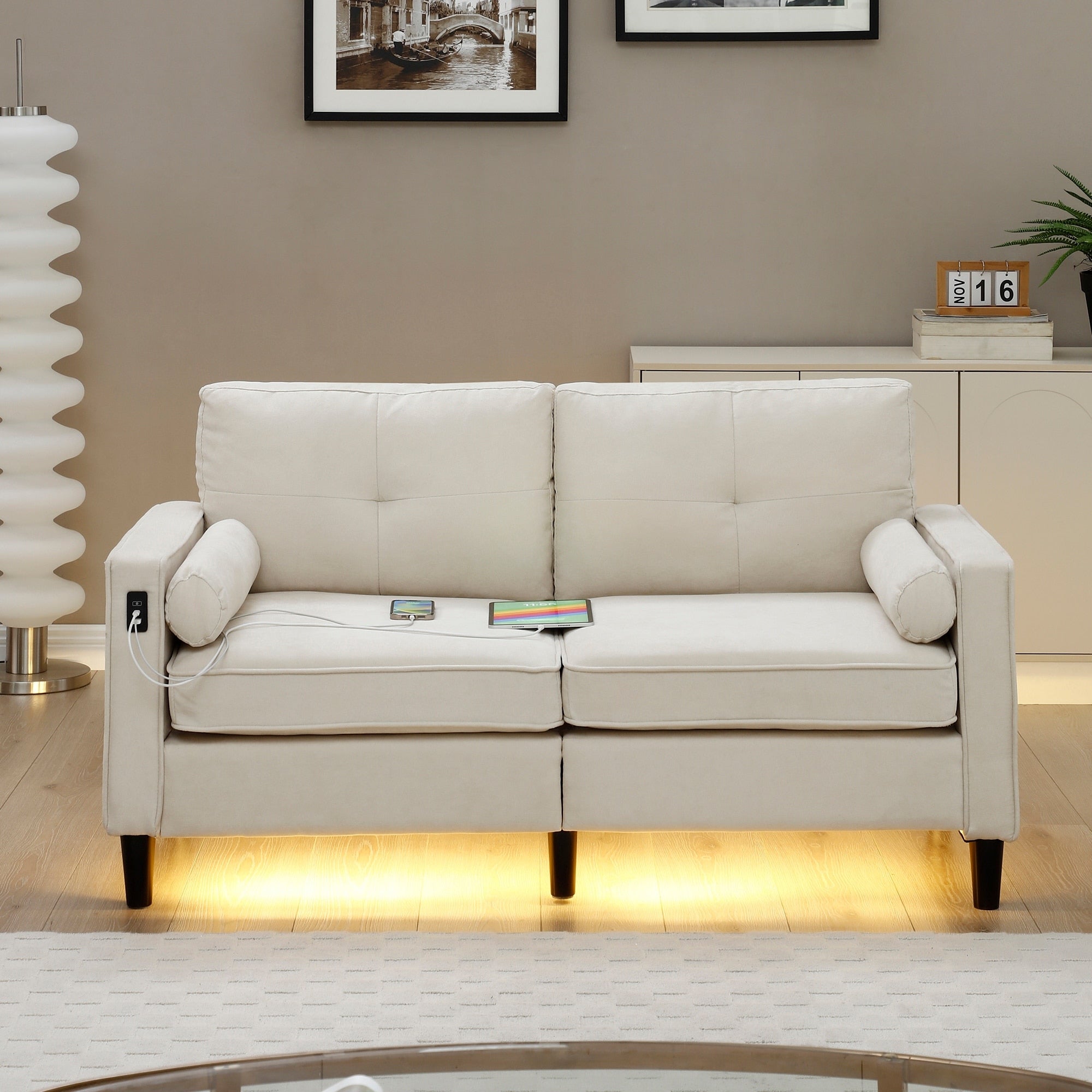 Canapé causeuse beige moderne en lin (57,87 $) avec lumières LED et 2 ports USB pour le salon