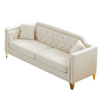Canapé 3 places beige moderne en chenille de 61,5 pouces, capitonné avec boutons, accoudoirs décorés de clous cuivrés et 2 coussins pour le salon