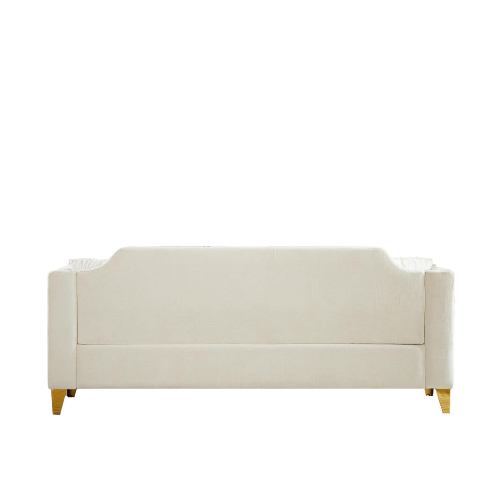 Canapé 3 places beige moderne en chenille de 61,5 pouces, capitonné avec boutons, accoudoirs décorés de clous cuivrés et 2 coussins pour le salon