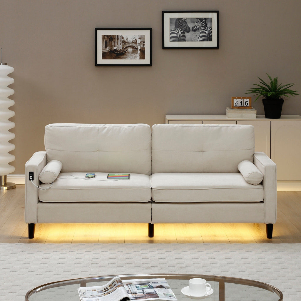 Canapé 3 places beige moderne en lin 75.2 avec éclairage LED et 2 ports USB pour le salon