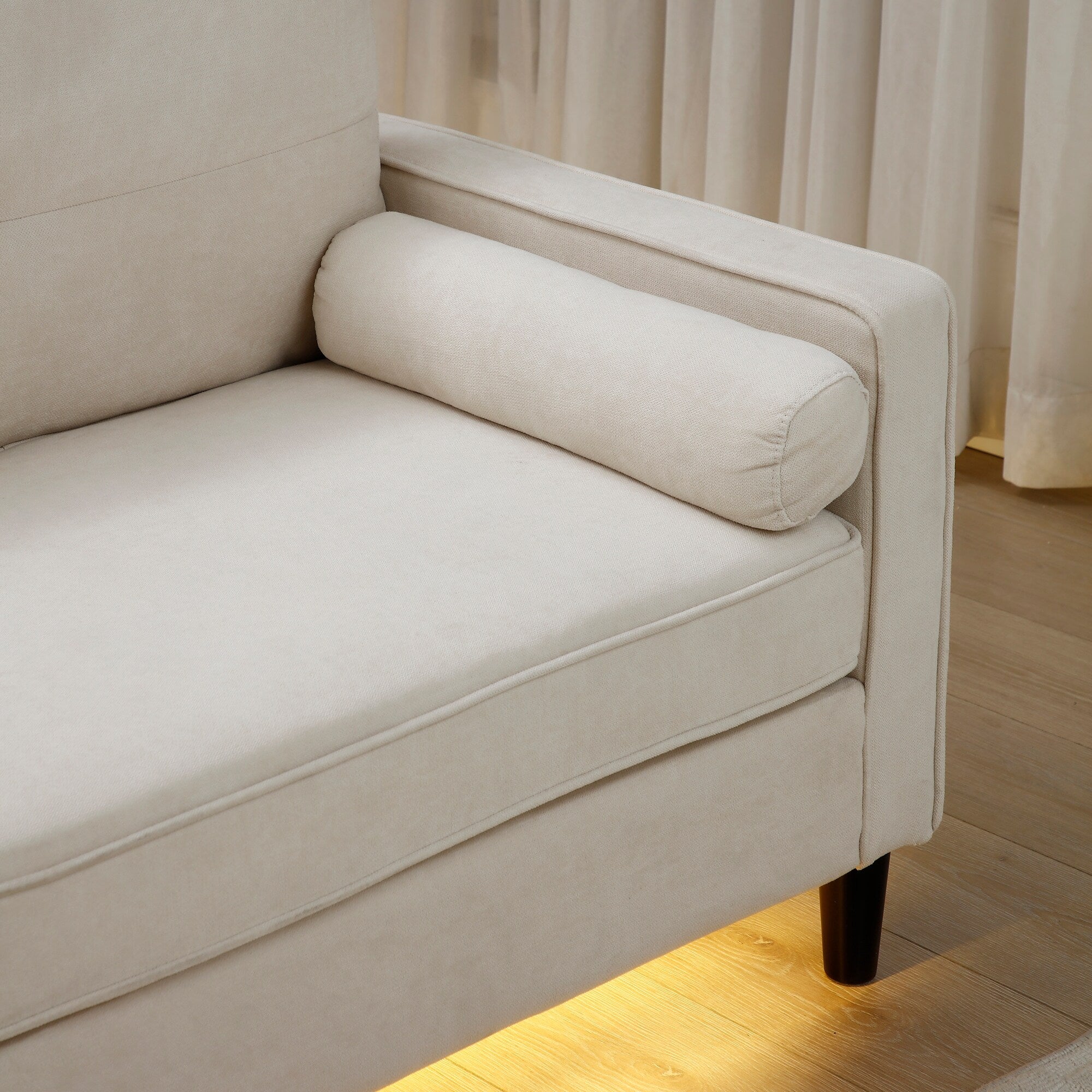 Canapé 3 places beige moderne en lin 75.2 avec éclairage LED et 2 ports USB pour le salon