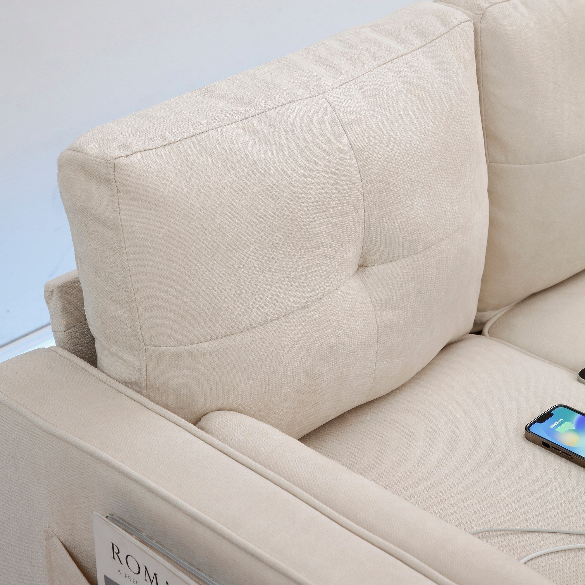 Canapé 3 places beige moderne en lin 75.2 avec éclairage LED et 2 ports USB pour le salon