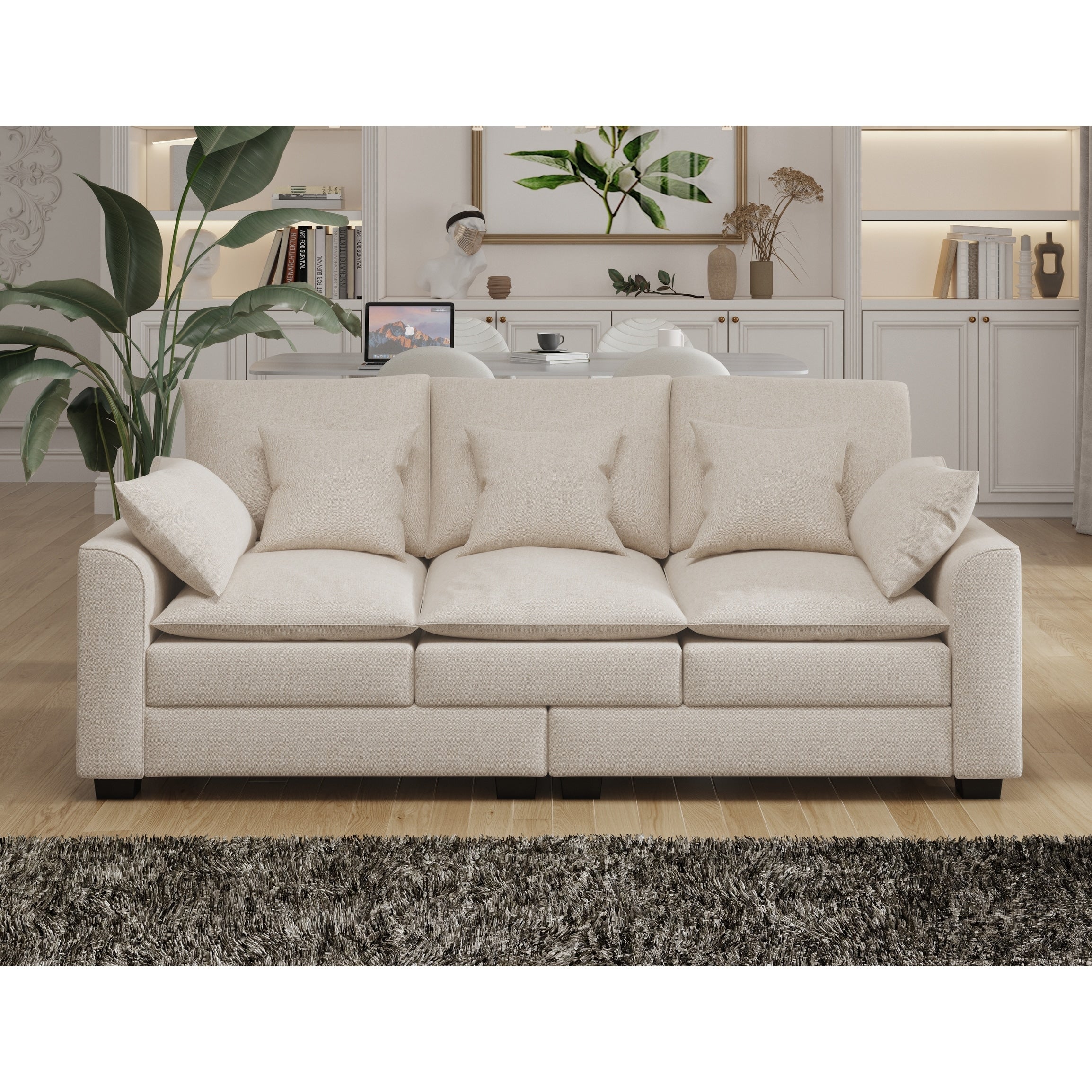 Canapé 3 places beige moderne en polyester 78,7 avec coussins et pieds en bois massif pour le salon