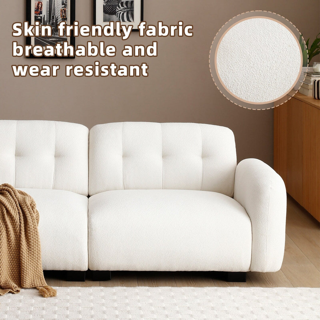 Canapé 3 places Teddy beige moderne 81,48 $ avec assise profonde et pieds en bois, rembourré pour le salon