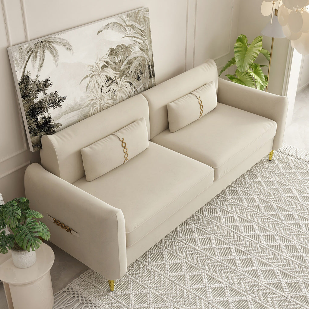 Canapé causeuse en velours beige moderne 85,43 avec pieds et coussins dorés pour le salon