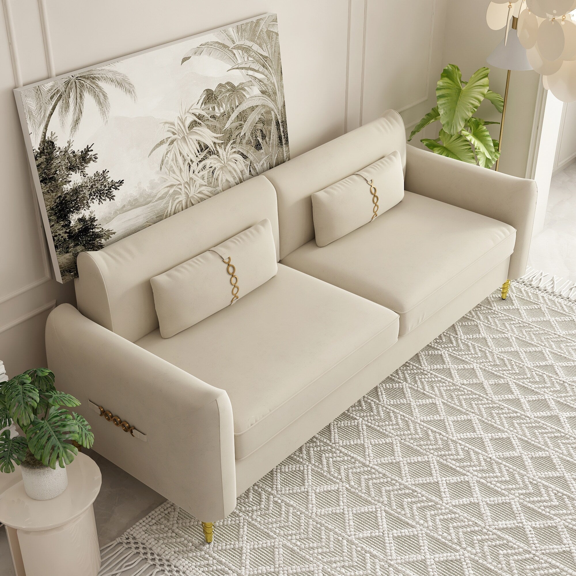 Canapé causeuse en velours beige moderne 85,43 avec pieds et coussins dorés pour le salon