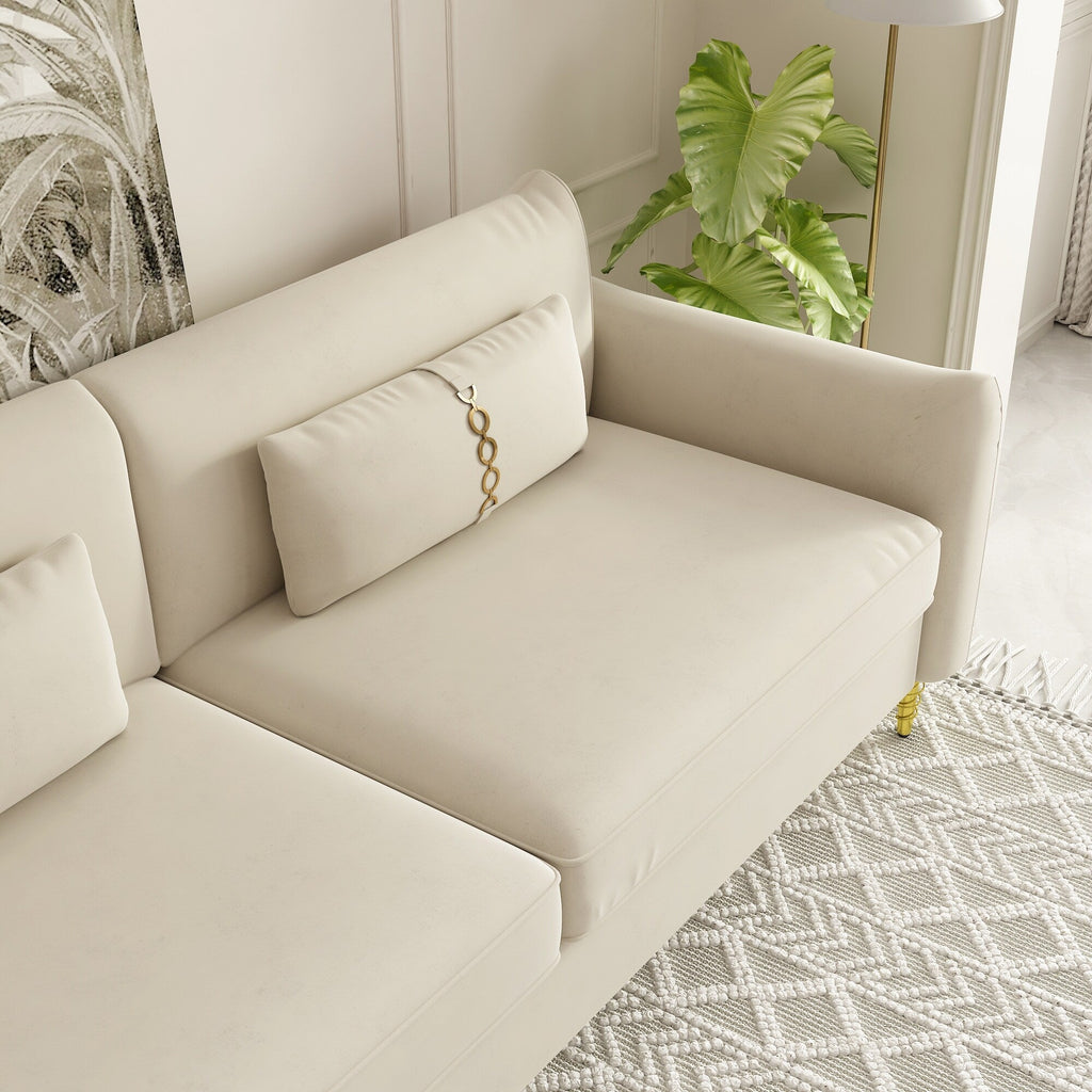 Canapé causeuse en velours beige moderne 85,43 avec pieds et coussins dorés pour le salon