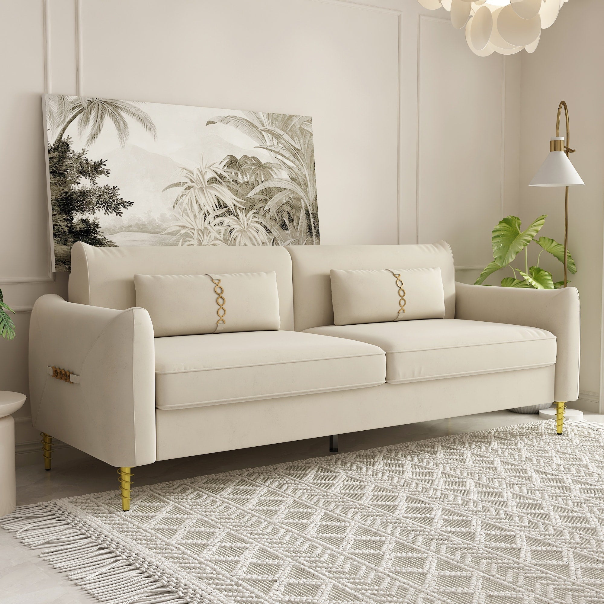 Canapé causeuse en velours beige moderne 85,43 avec pieds et coussins dorés pour le salon