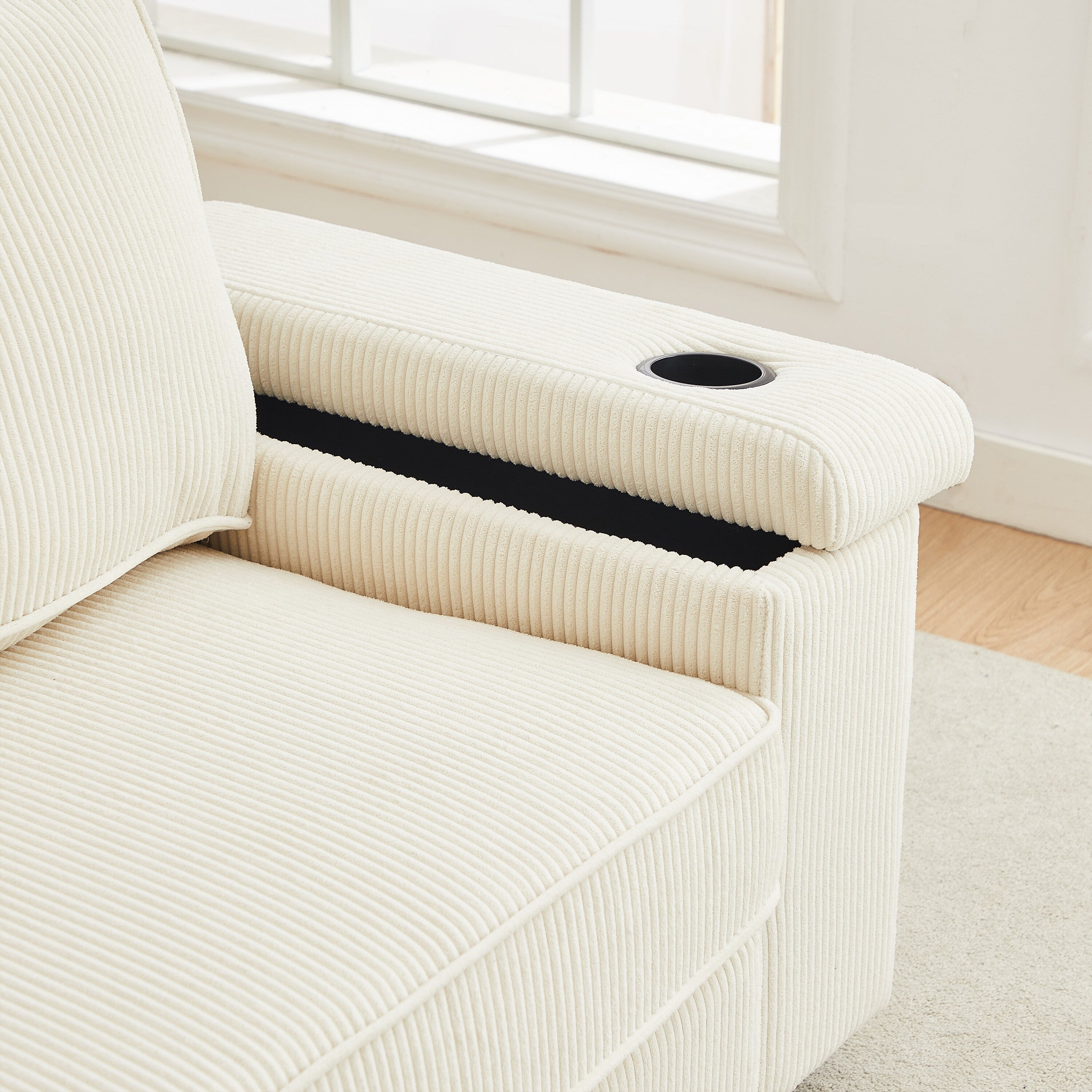 Canapé 3 places beige moderne en velours côtelé 86,5 avec deux espaces de rangement, ports de chargement USB et deux porte-gobelets