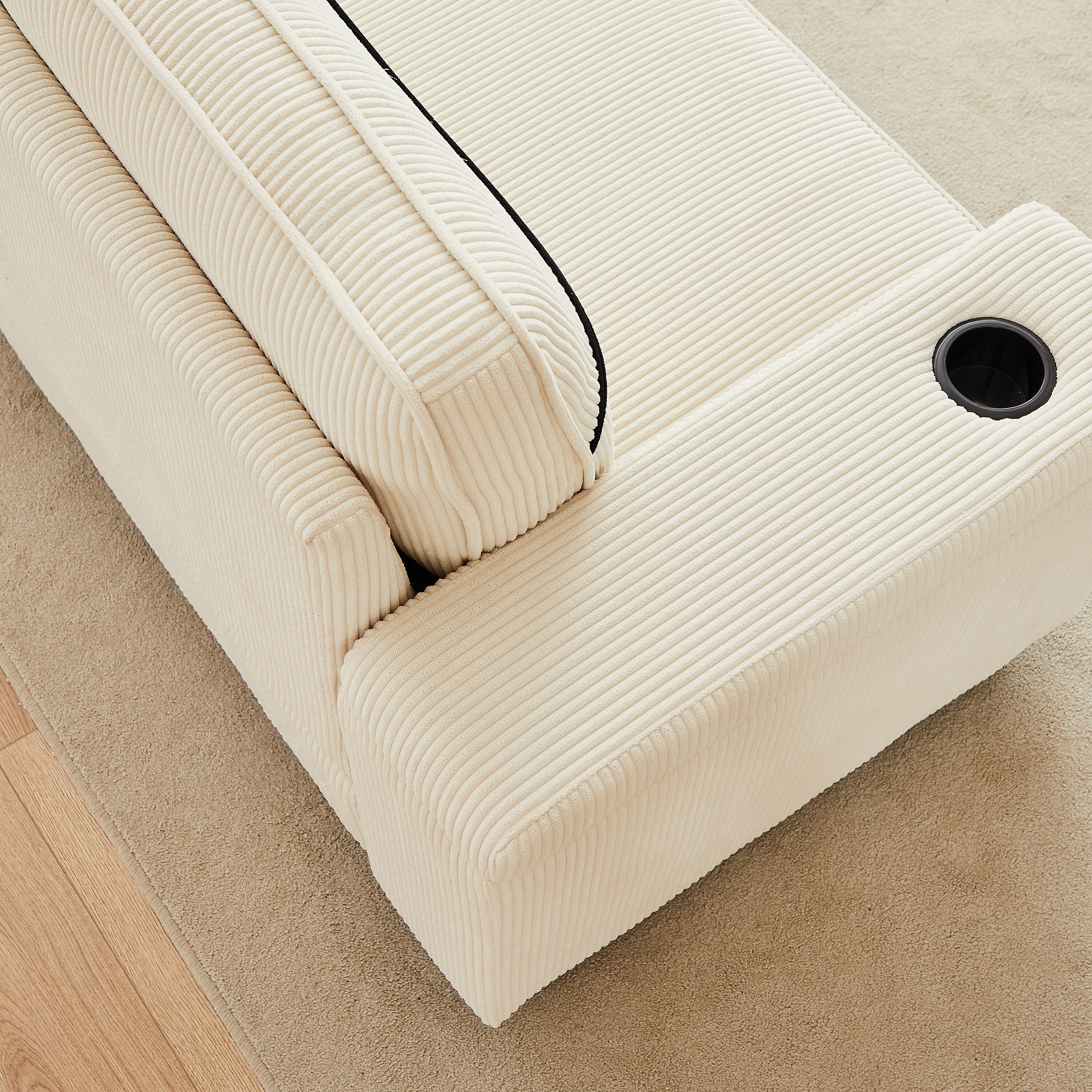 Canapé 3 places beige moderne en velours côtelé 86,5 avec deux espaces de rangement, ports de chargement USB et deux porte-gobelets