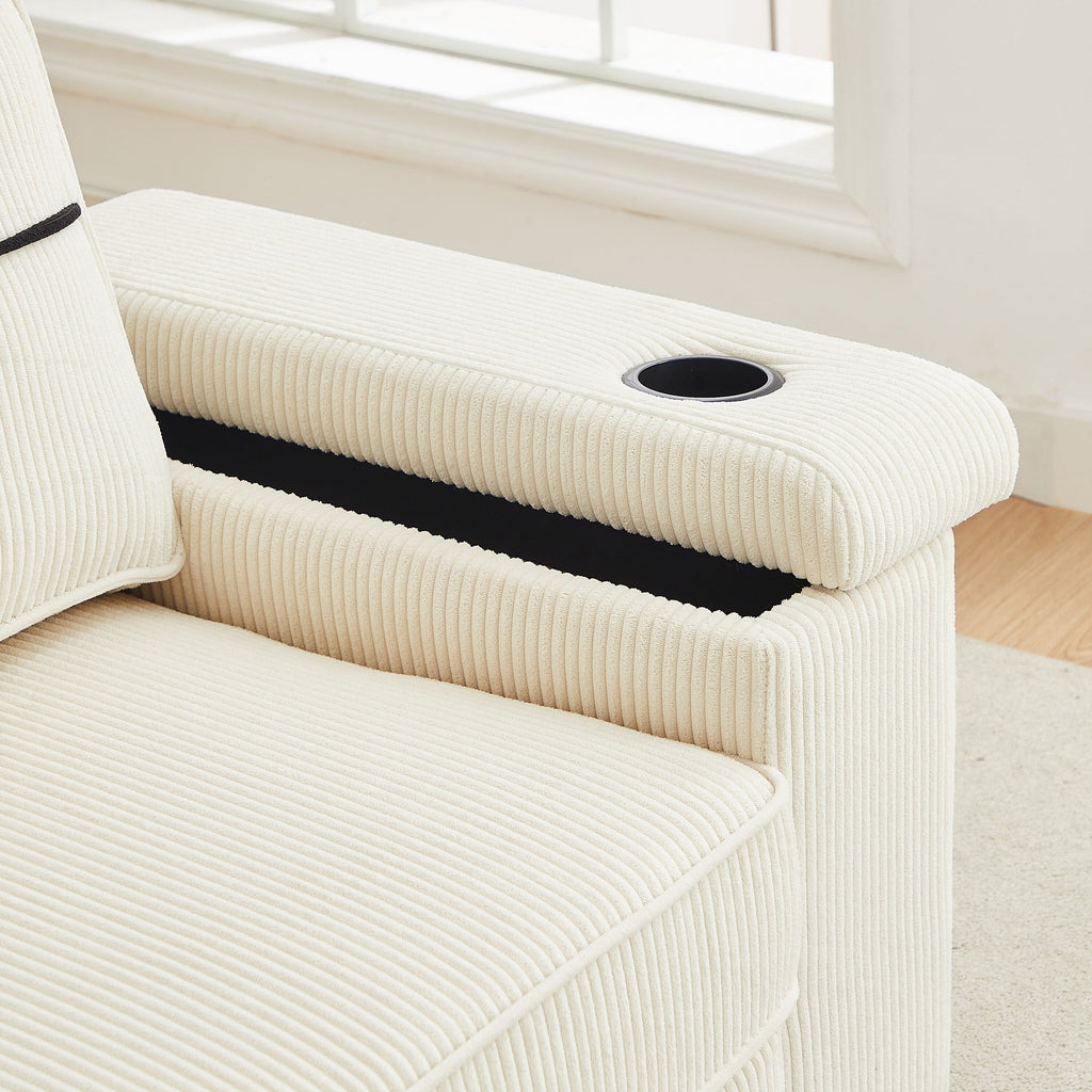 Canapé 3 places beige moderne en velours côtelé 86,5 avec deux espaces de rangement, ports de chargement USB et deux porte-gobelets