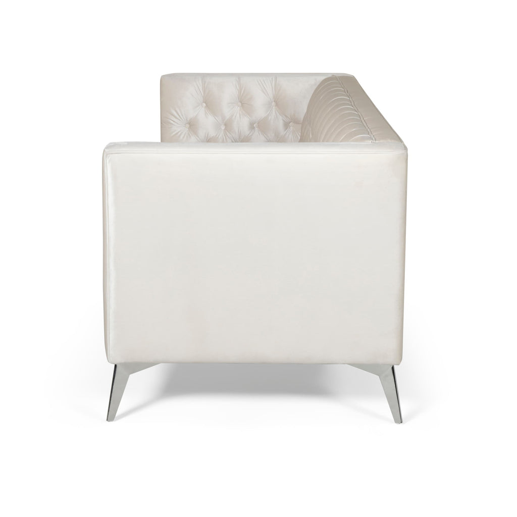 Canapé 3 places capitonné en similicuir beige moderne 86,75 pouces avec pieds en fer lisses en forme de T pour le salon