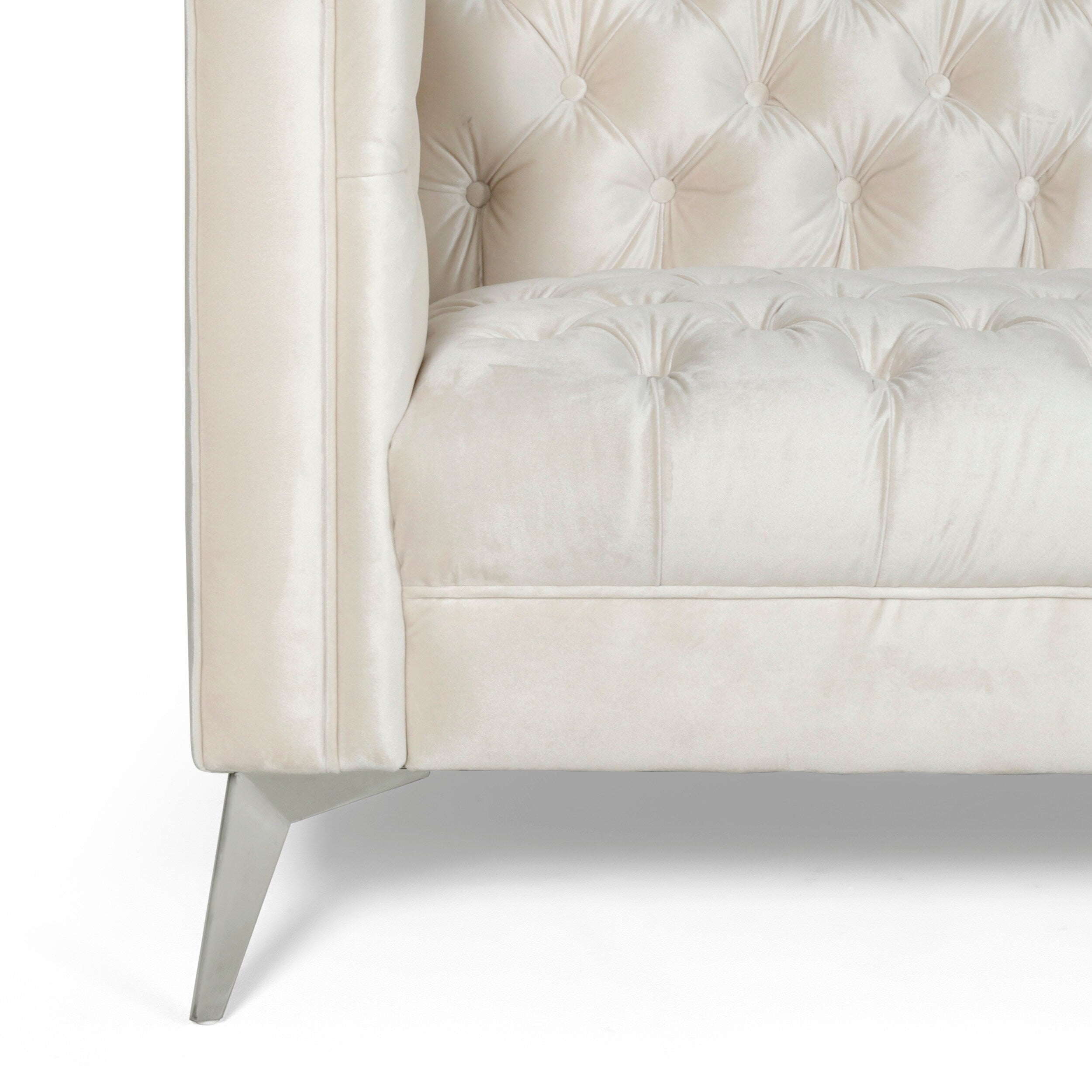 Canapé 3 places capitonné en similicuir beige moderne 86,75 pouces avec pieds en fer lisses en forme de T pour le salon