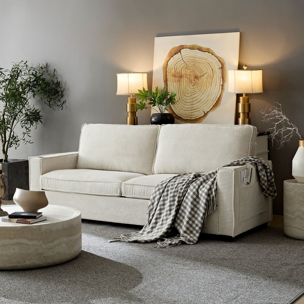 Canapé 3 places en velours côtelé beige moderne 87,4 avec porte-gobelet et sacs de rangement pour le salon