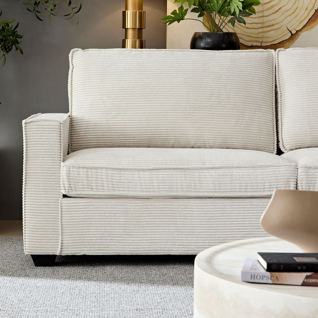 Canapé 3 places en velours côtelé beige moderne 87,4 avec porte-gobelet et sacs de rangement pour le salon