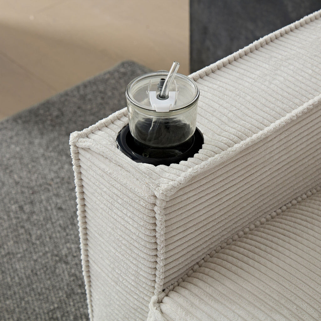 Canapé 3 places en velours côtelé beige moderne 87,4 avec porte-gobelet et sacs de rangement pour le salon