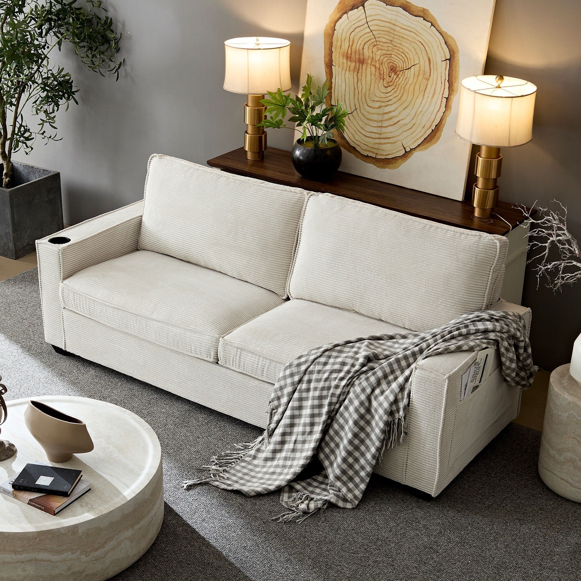 Canapé 3 places en velours côtelé beige moderne 87,4 avec porte-gobelet et sacs de rangement pour le salon