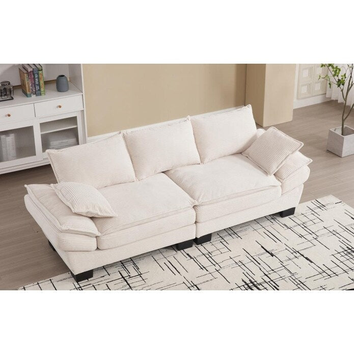 Canapé 3 places en velours côtelé beige moderne 88,6 avec deux coussins et pieds larges en plastique pour le salon