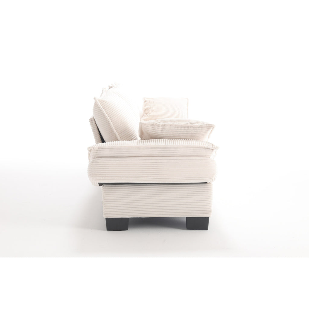 Canapé 3 places en velours côtelé beige moderne 88,6 avec deux coussins et pieds larges en plastique pour le salon