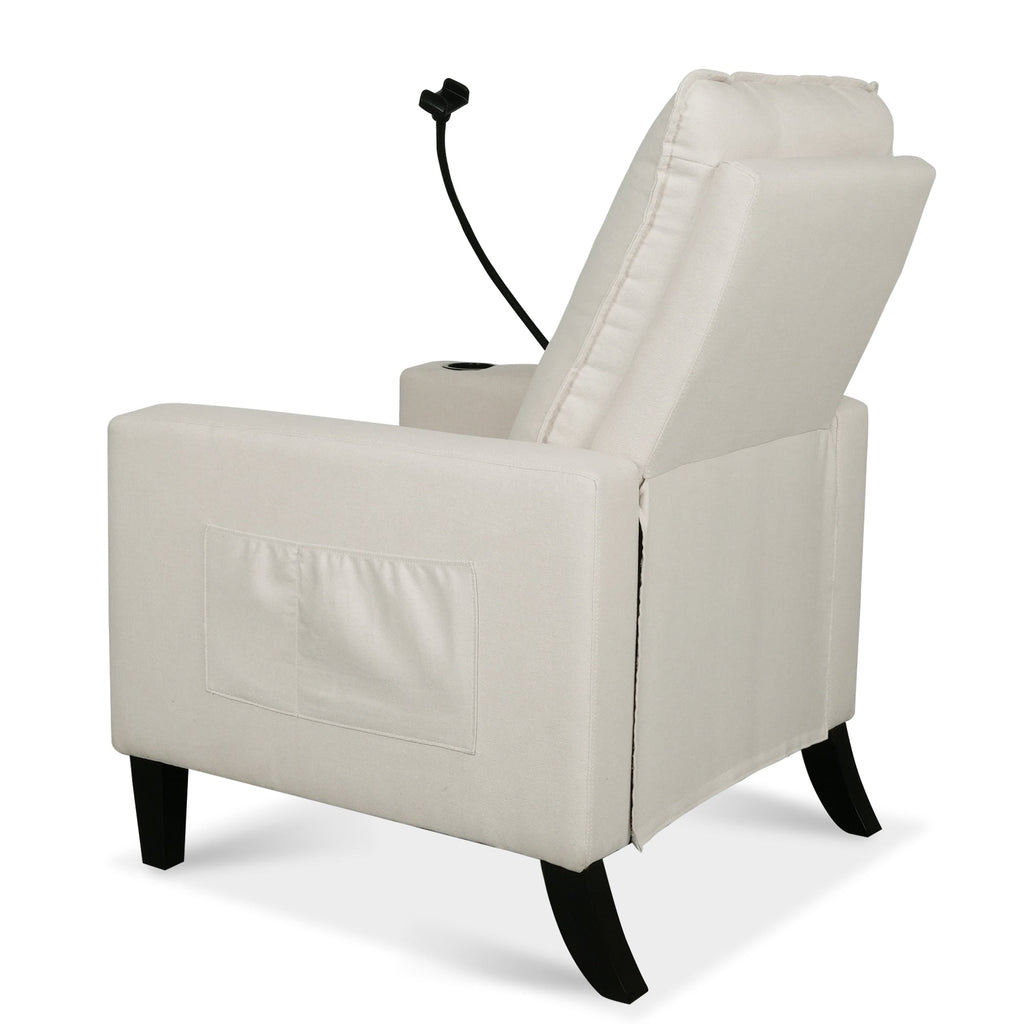 Fauteuil inclinable manuel moderne en tissu beige avec support pour téléphone portable, porte-gobelet et repose-pieds