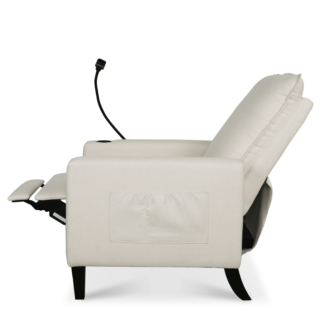 Fauteuil inclinable manuel moderne en tissu beige avec support pour téléphone portable, porte-gobelet et repose-pieds