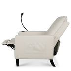 Fauteuil inclinable manuel moderne en tissu beige avec support pour téléphone portable, porte-gobelet et repose-pieds