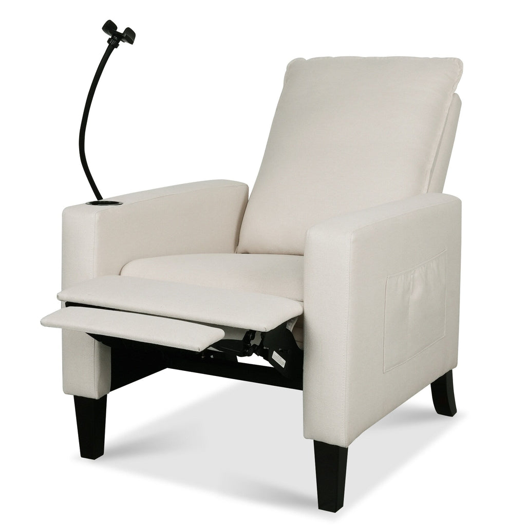 Fauteuil inclinable manuel moderne en tissu beige avec support pour téléphone portable, porte-gobelet et repose-pieds