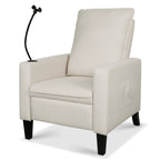 Fauteuil inclinable manuel moderne en tissu beige avec support pour téléphone portable, porte-gobelet et repose-pieds