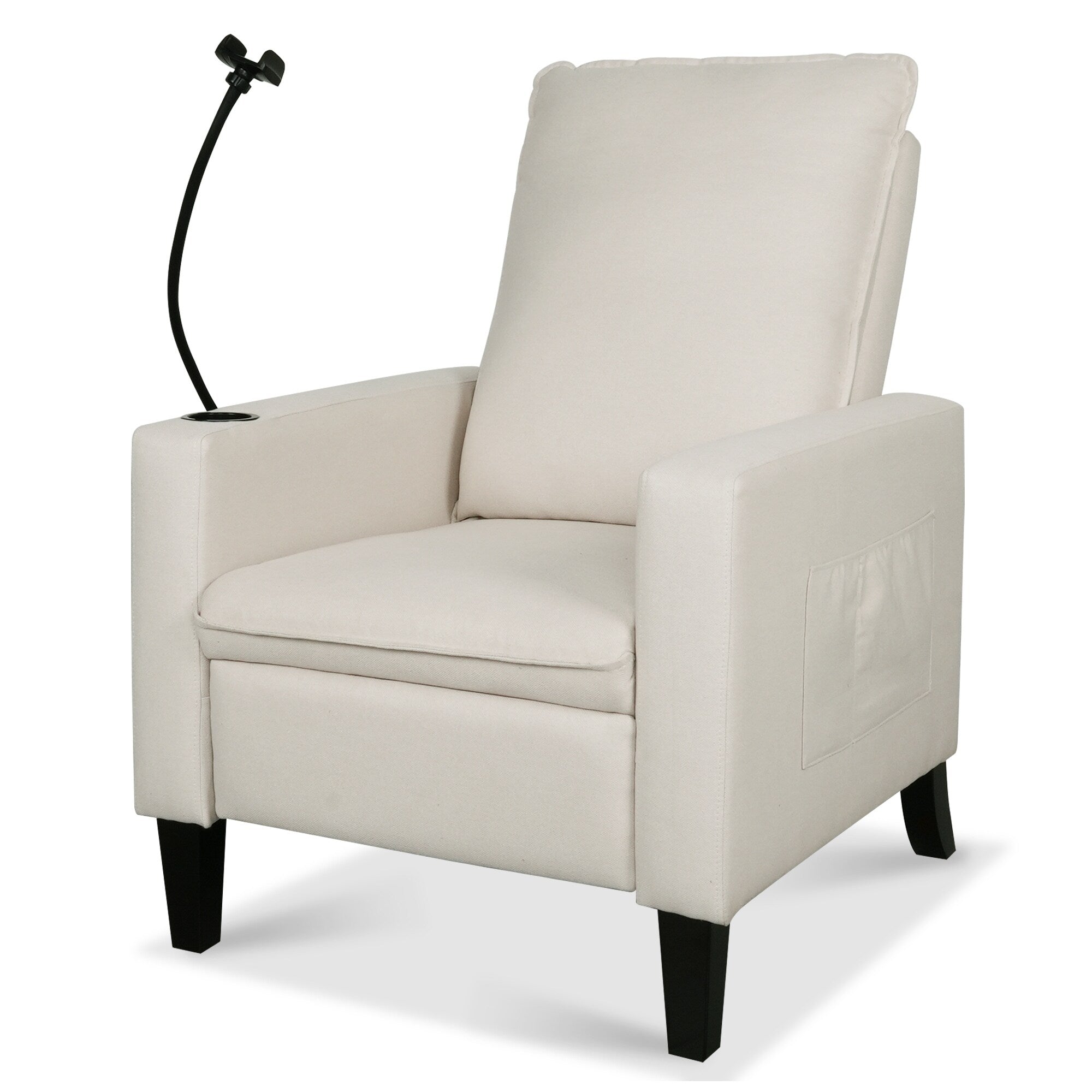 Fauteuil inclinable manuel moderne en tissu beige avec support pour téléphone portable, porte-gobelet et repose-pieds