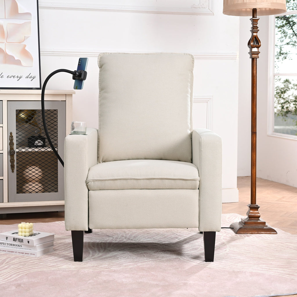 Fauteuil inclinable manuel moderne en tissu beige avec support pour téléphone portable, porte-gobelet et repose-pieds