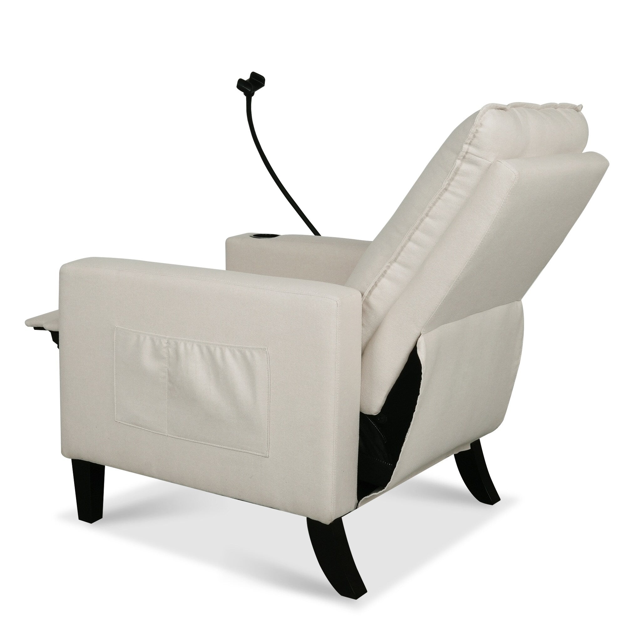 Fauteuil inclinable manuel moderne en tissu beige avec support pour téléphone portable, porte-gobelet et repose-pieds