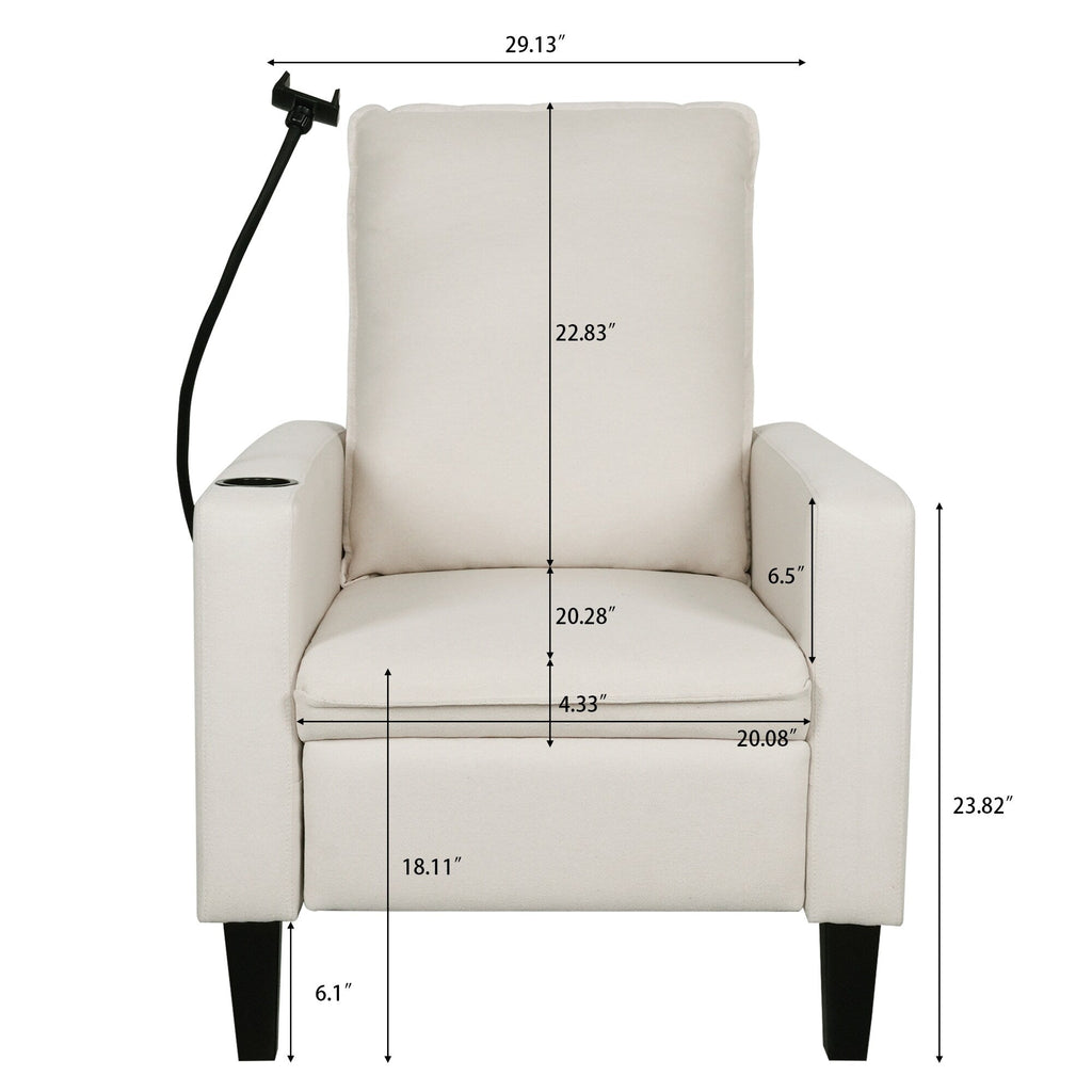 Fauteuil inclinable manuel moderne en tissu beige avec support pour téléphone portable, porte-gobelet et repose-pieds