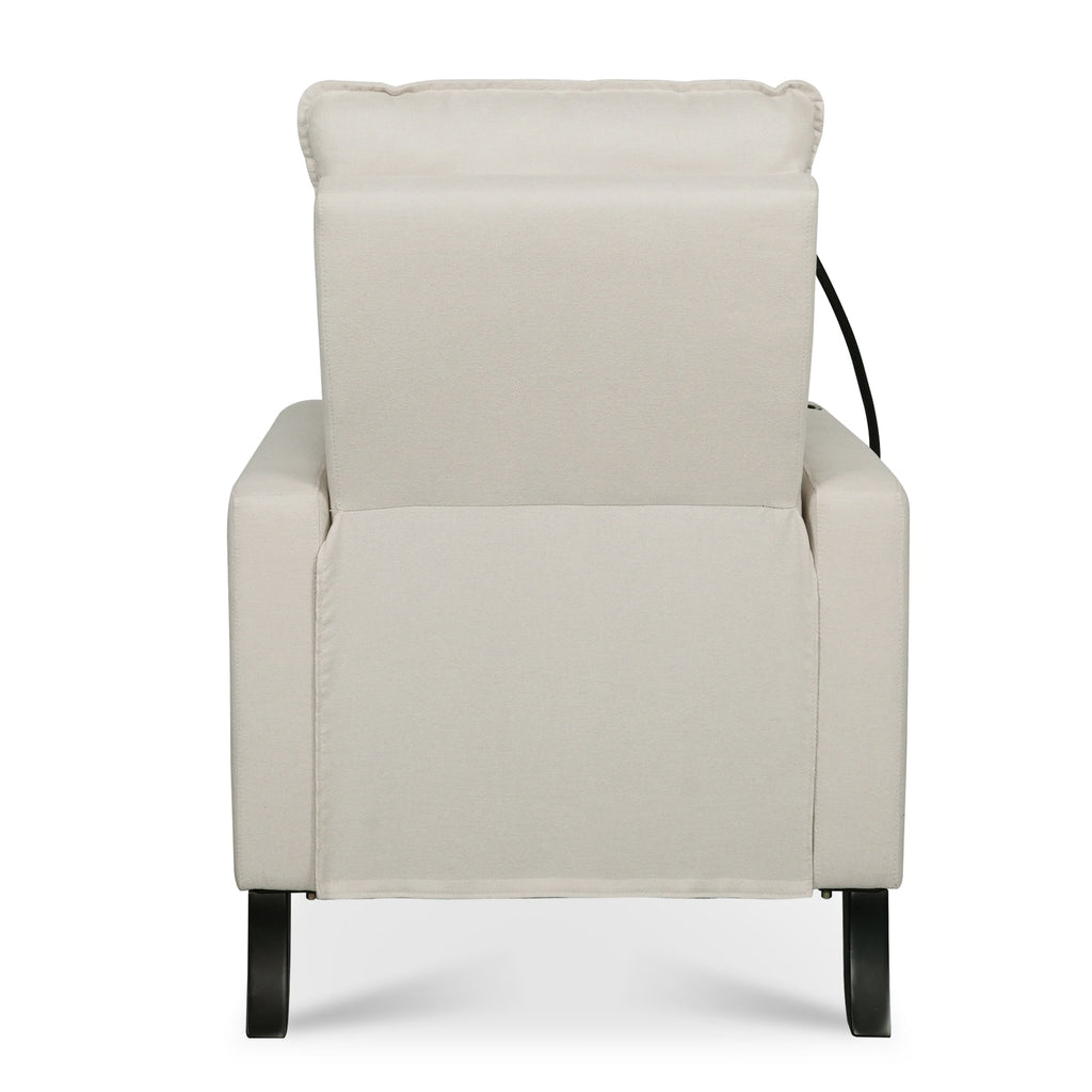 Fauteuil inclinable manuel moderne en tissu beige avec support pour téléphone portable, porte-gobelet et repose-pieds