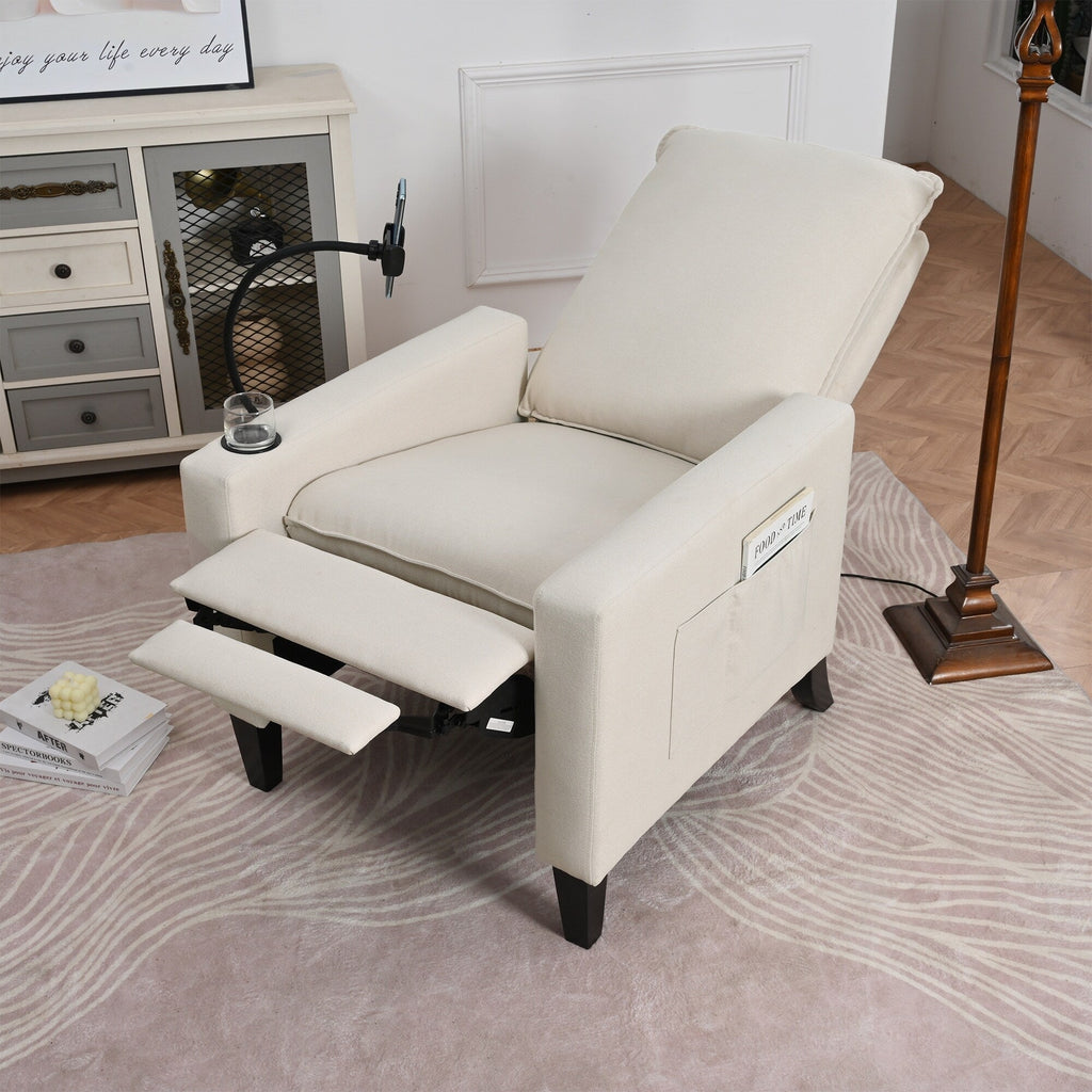 Fauteuil inclinable manuel moderne en tissu beige avec support pour téléphone portable, porte-gobelet et repose-pieds